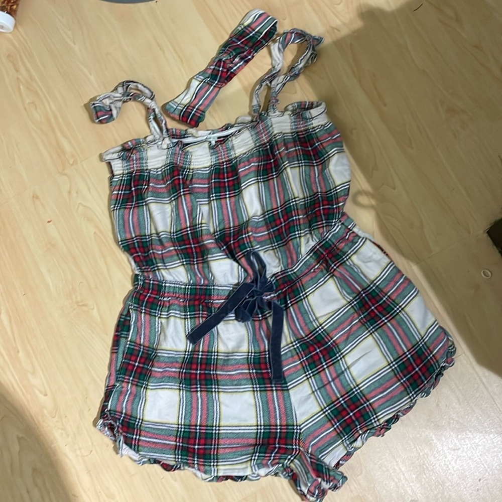 Aerie plaid romper with matching headband and scrunchies